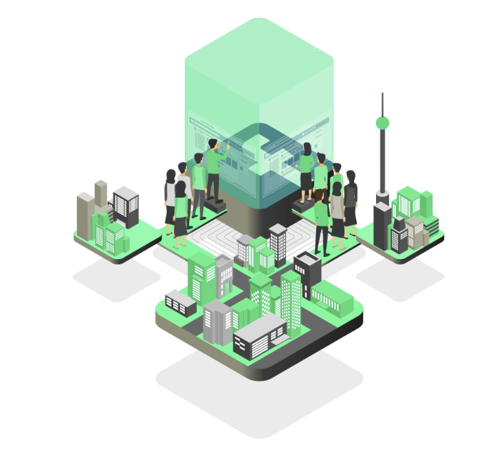 Social Media Marketing Illustration showing a social media marketing strategy where people collaborate around a digital platform to build audience engagement and brand trust, by VisualLok digital marketing agency
