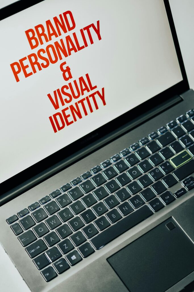 Best Digital Marketing Agency Laptop screen showing text on brand personality and visual identity for marketing strategy.